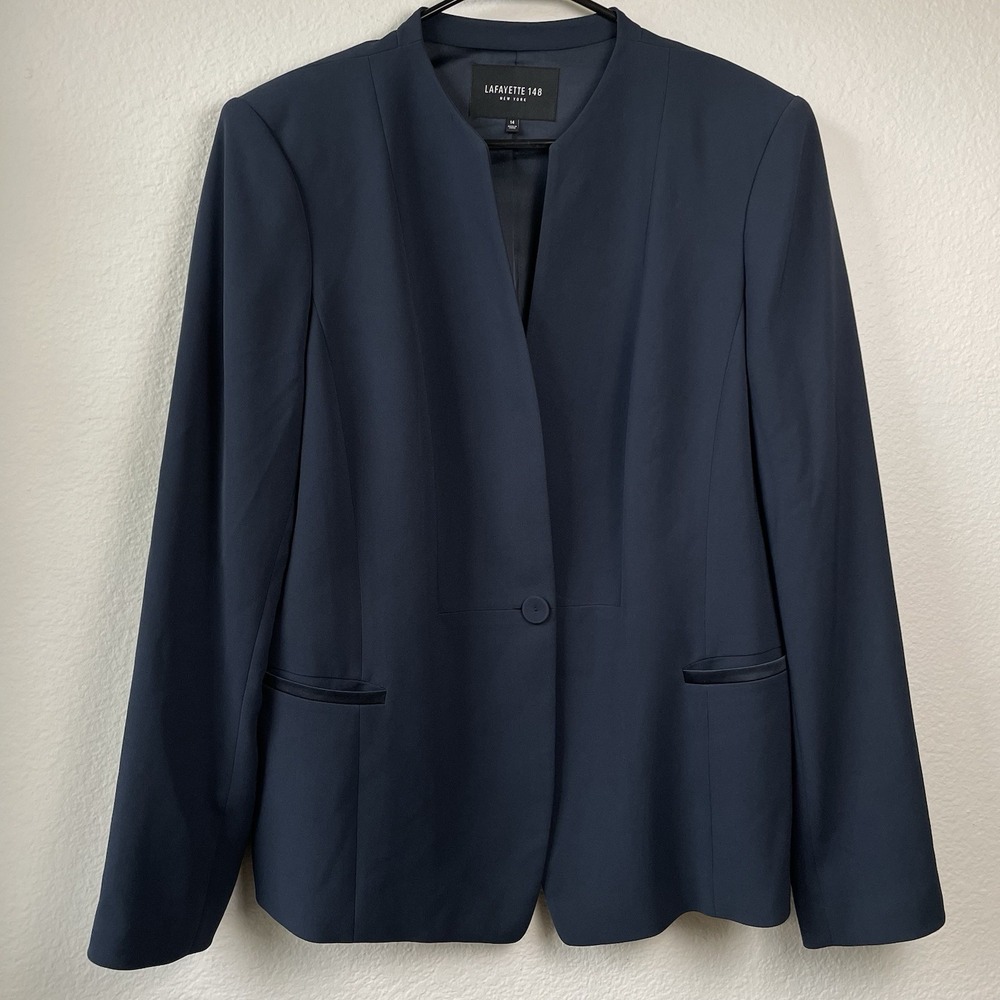 Lafayette 148 Collarless Single Button Blazer Jacket 14 Navy Blue Professional